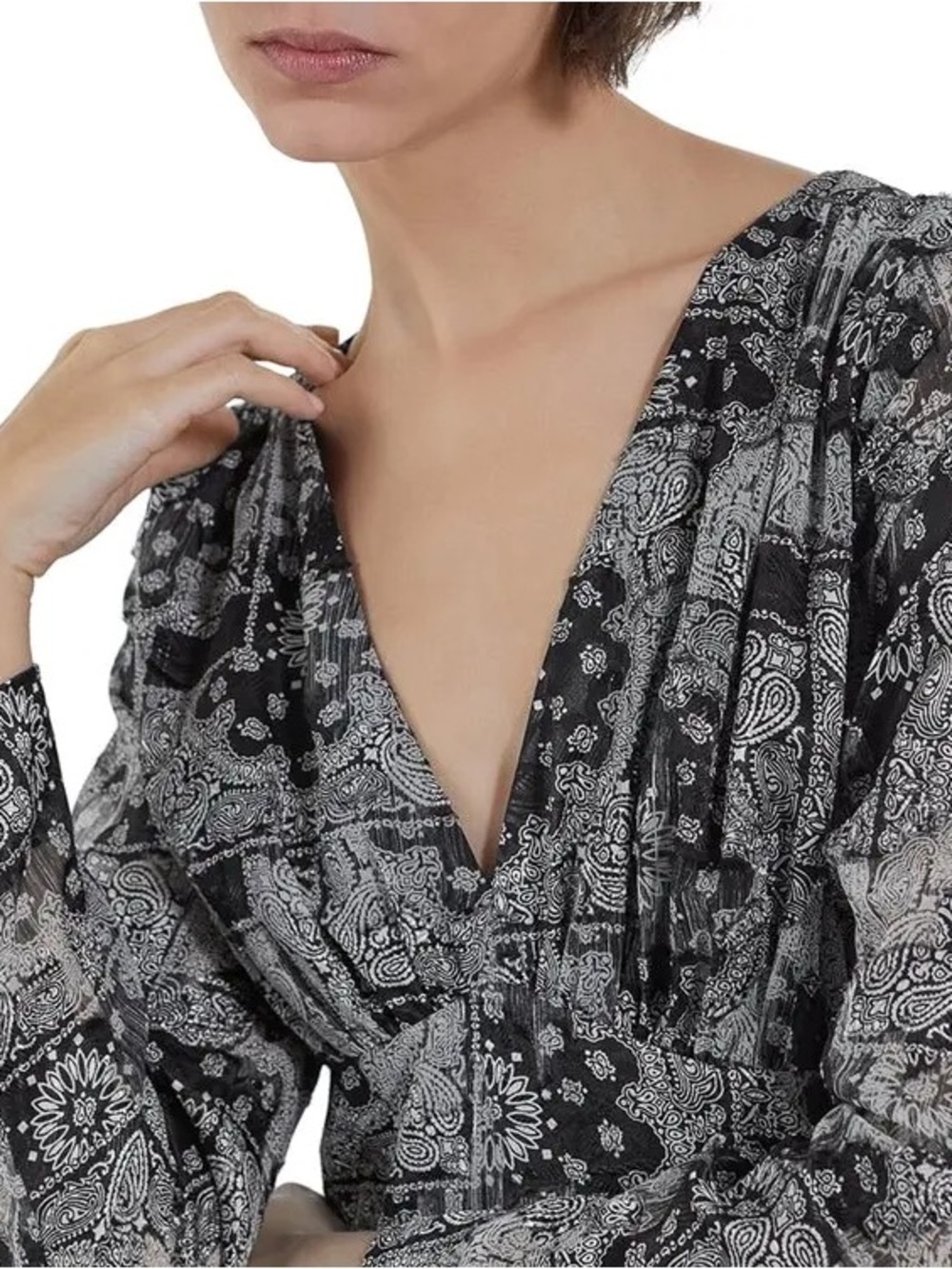 NWT The Kooples Bandana Print V-Neck Midi Dress Black & White Size S (EU 1) - Picture 4 of 11